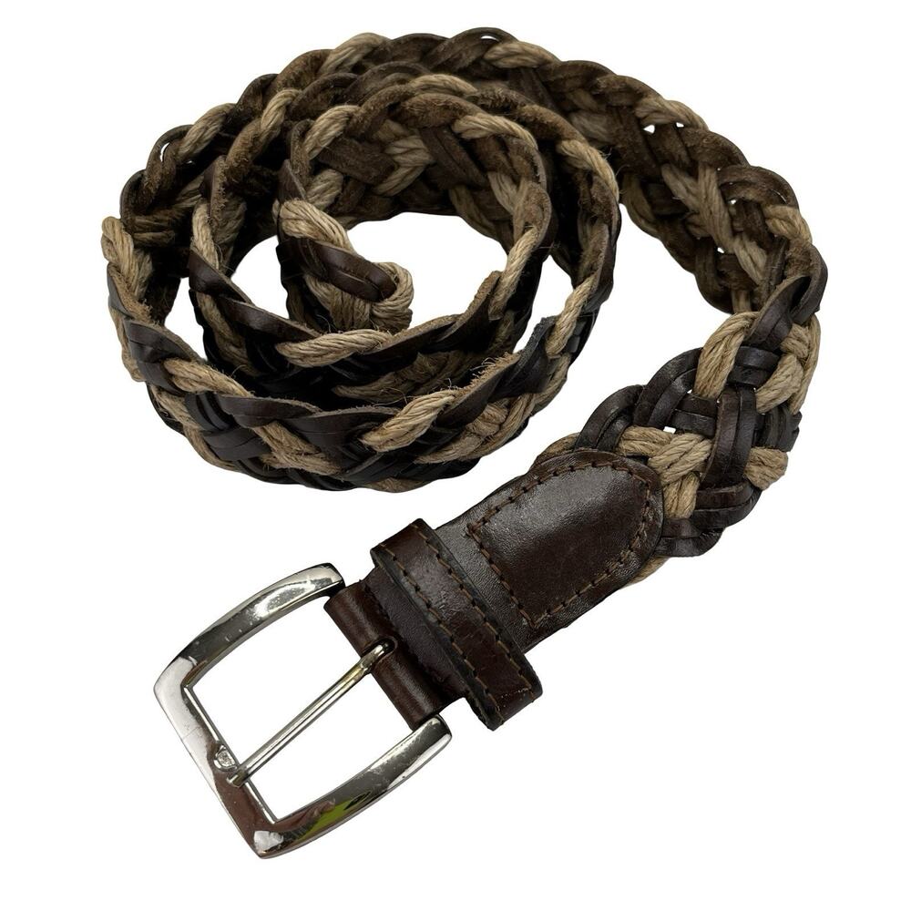 Genuine Leather Braided Belt Brass Buckle Brown Tan India Size L 40" Unisex